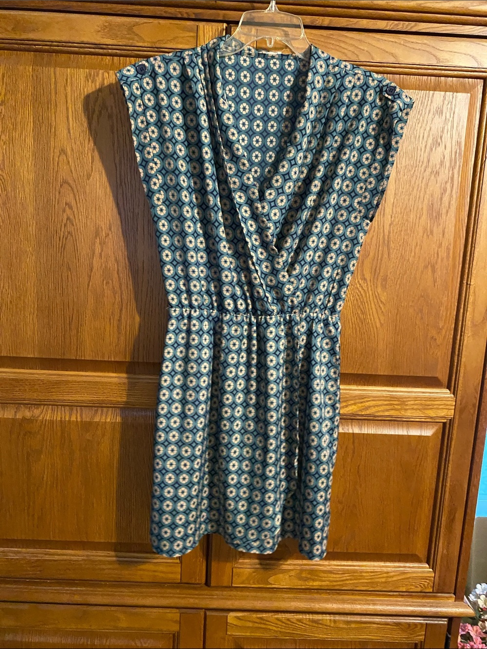 Maison Jules Teal Blue Printed Mini Dress with Cream Medallions